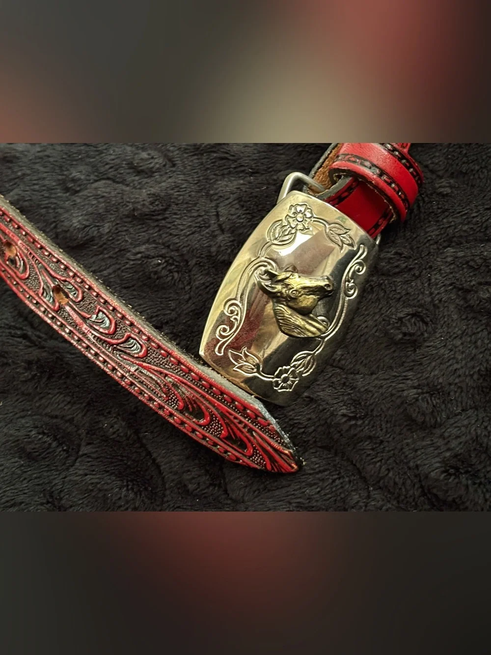 Circle Y of Yokum Vintage Tooled Red Leather Western Belt & Buckle - Child Size